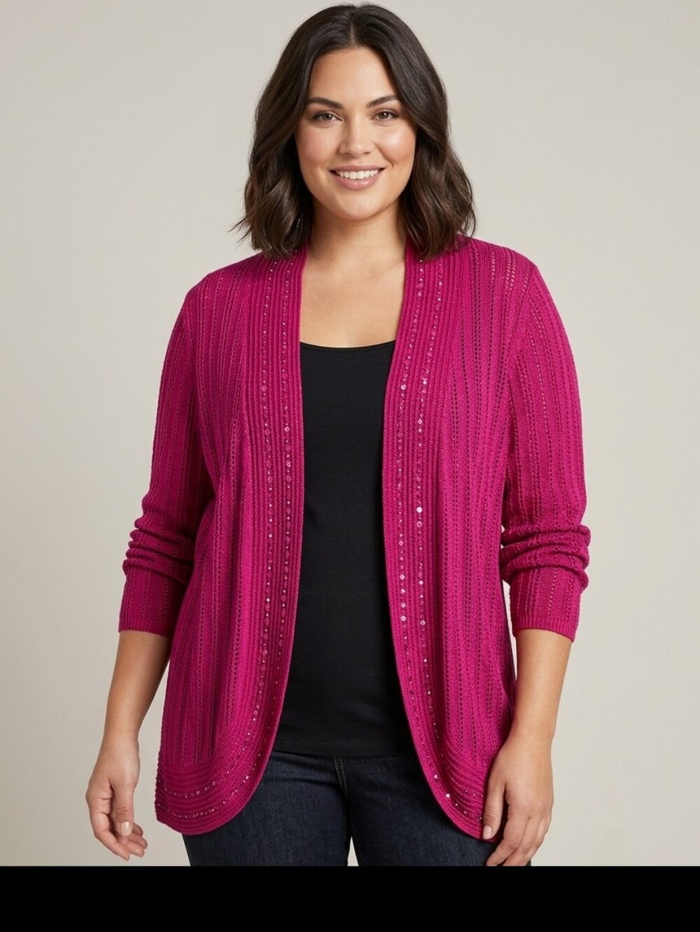 Ost Pointelle knitted cardigan with sequin And Pearls Accents, Size 3X Fit 1X